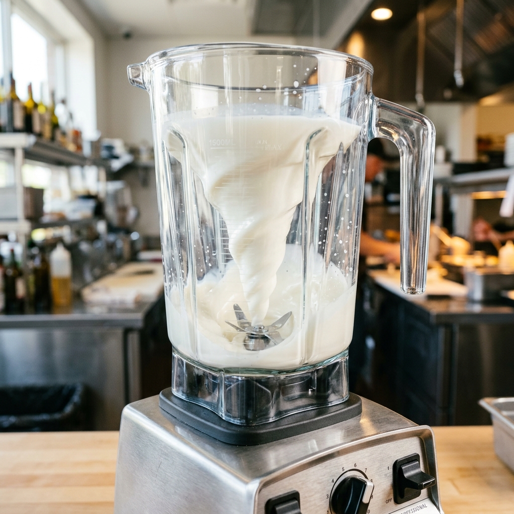 Commercial blender preparing high-protein smoothie for wholesale juice bars