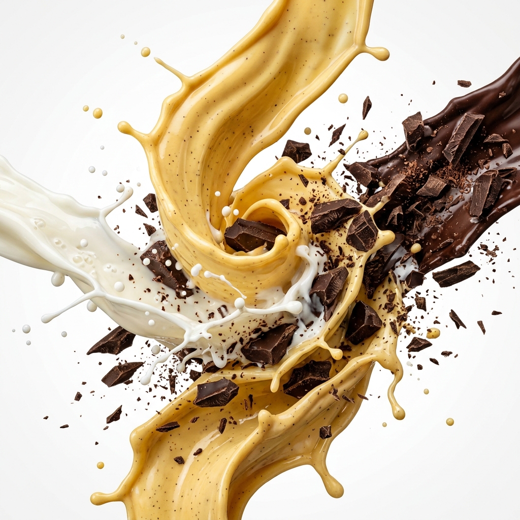 Dynamic liquid protein splash showing foundational flavors for smoothie bar recipes